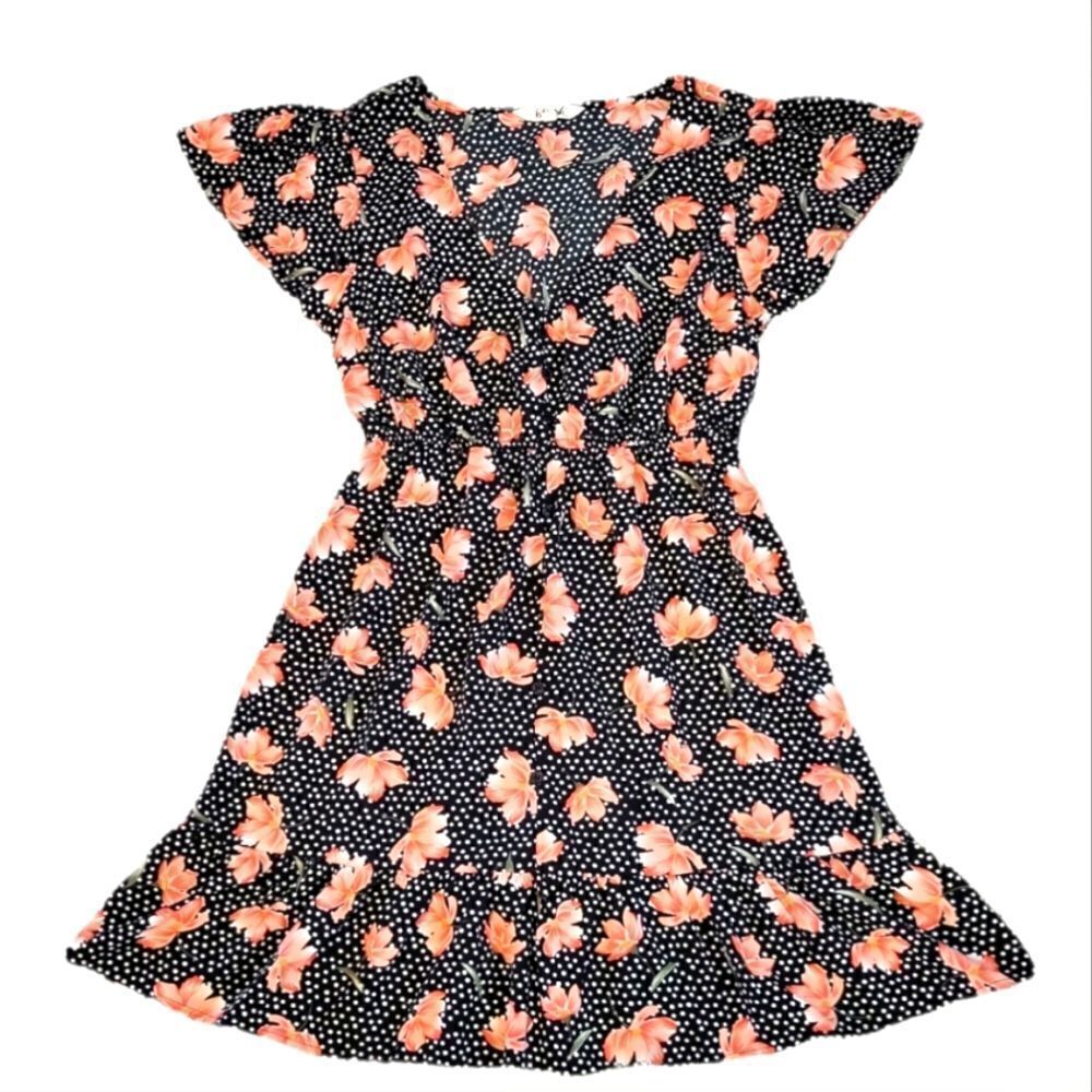 HINT OF BLUSH FLORAL POLKA-DOT DRESS W/ ELASTIC WAIST & DECORATIVE BUTTONS SZ.S